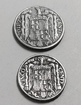 Lote 2 Monedas España 1945 Jinete 10 y 5 c.