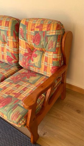Sofá y 2 sillones tela y madera