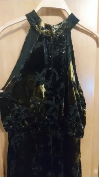 Vestido Sfera Halter Flecos Negro Dorado Talla S