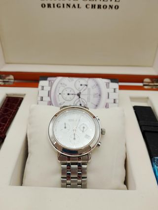 RELOJ BATISTE GENEVE ACERO ESFERA BLANCA + CAJA + CORREAS REPUESTO