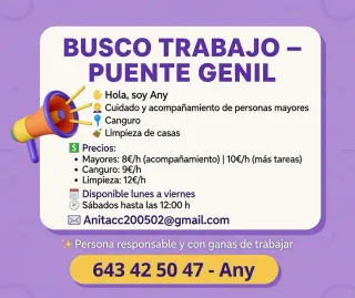 Busco trabajo por horas, estoy en Puente Genil