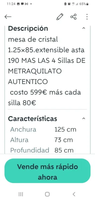 Mesa de cristal y 4 sillas metraquilato