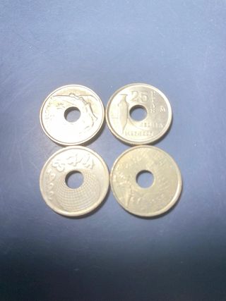 4 monedas de 25 pesetas 1991,1992,1996,1997