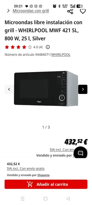 Microondas Whirlpool no ha sido tocado.