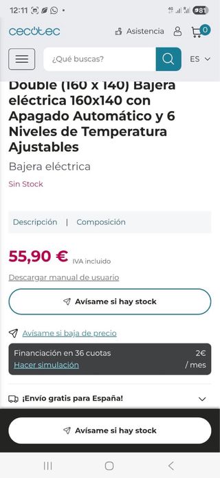 Manta Térmica Cecotec 6 Niveles. NUEVA SIN ESTRENA