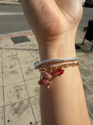 Collar y Pulsera Swarovski Oso Rosa Corazón Oro