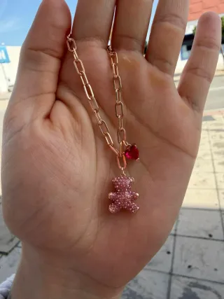 Collar y Pulsera Swarovski Oso Rosa Corazón Oro