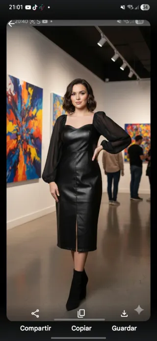 Vestido Midi Negro Efecto Cuero | Mangas Gasa