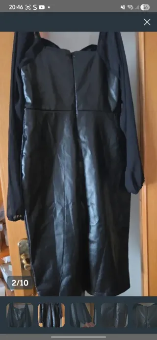 Vestido Midi Negro Efecto Cuero | Mangas Gasa