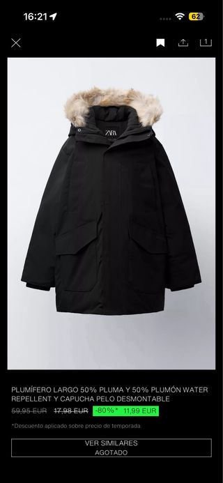 Abrigo largo plumífero Zara