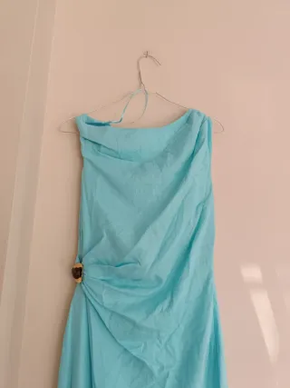 Vestido asimétrico midi lino turquesa