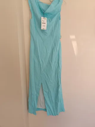 Vestido asimétrico midi lino turquesa