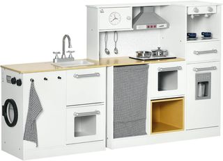 Cocina Juguete 2 Piezas para Niños de 3-6 Años Con Utensilios de Cocina, Luces y Efectos Sonoros Realistas, en MDF y PP Blanca y Color Madera