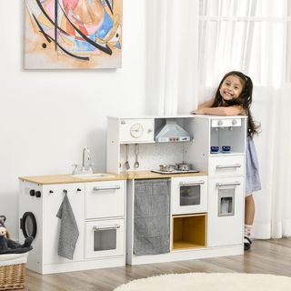 Cocina Juguete 2 Piezas para Niños de 3-6 Años Con Utensilios de Cocina, Luces y Efectos Sonoros Realistas, en MDF y PP Blanca y Color Madera