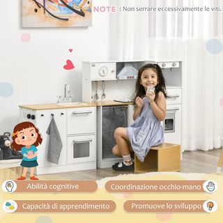 Cocina Juguete 2 Piezas para Niños de 3-6 Años Con Utensilios de Cocina, Luces y Efectos Sonoros Realistas, en MDF y PP Blanca y Color Madera