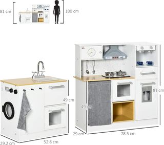 Cocina Juguete 2 Piezas para Niños de 3-6 Años Con Utensilios de Cocina, Luces y Efectos Sonoros Realistas, en MDF y PP Blanca y Color Madera
