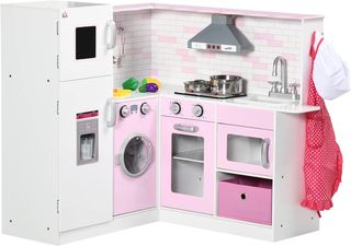 Cocina Juguete para Niños de 3-6 Años con Luces y Utensilios de Cocina Realistas, en MDF y PP, 84X93.5X85 Cm, Blanca y Rosa