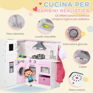 Cocina Juguete para Niños de 3-6 Años con Luces y Utensilios de Cocina Realistas, en MDF y PP, 84X93.5X85 Cm, Blanca y Rosa