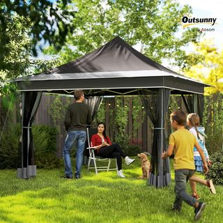 Gazebo pieghevole 3,6x3,6 m pop-up con altezza regolabile a 3 livelli con zanzariera e borsa da trasporto, gazebo da esterno in metallo e Oxford, UV50+, per giardino, feste, grigio scuro