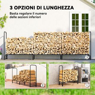 Leñera esterna in metallo, supporto per legna con copertura impermeabile, struttura regolabile, supporto per legna rialzato, 1 m³, 300x36x99 cm, nero e verde scuro