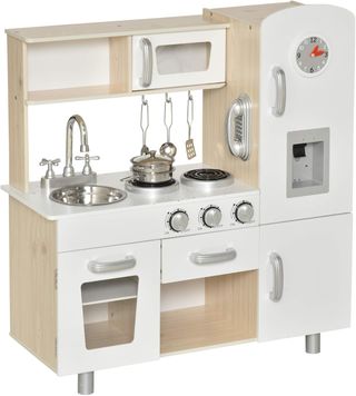 Cocina Juguete de Madera para Niños con Fregadero y Fogones, Ollas y Utensilios de Acero, 74X30X81Cm, Blanco