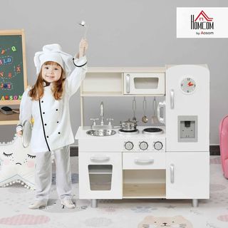 Cocina Juguete de Madera para Niños con Fregadero y Fogones, Ollas y Utensilios de Acero, 74X30X81Cm, Blanco