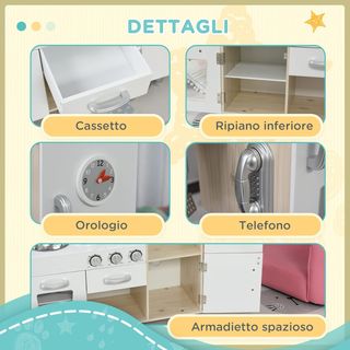 Cocina Juguete de Madera para Niños con Fregadero y Fogones, Ollas y Utensilios de Acero, 74X30X81Cm, Blanco