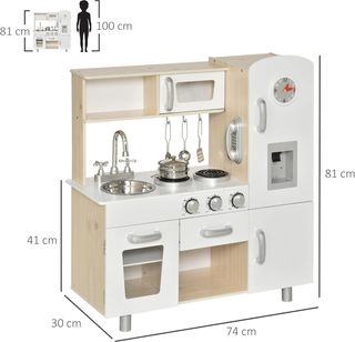 Cocina Juguete de Madera para Niños con Fregadero y Fogones, Ollas y Utensilios de Acero, 74X30X81Cm, Blanco