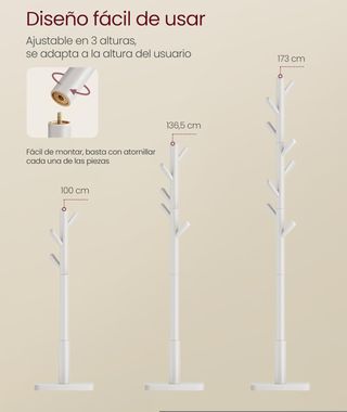 VASAGLE Appendiabiti, Legno Massello, a Forma di Albero, 8 Ganci per Giacche, Cappelli, per Corridoio, Ganci e Barra di Supporto in Legno di Gomma, Bianco Nuvola RCR010W02