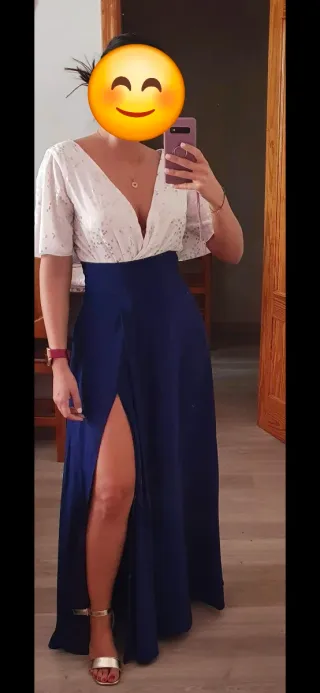 Vestido largo invitada azul y blanco