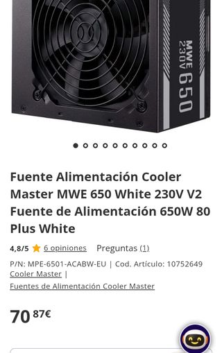 Fuente ATX Modular 650W 80+ White Cooler Master MWE 650