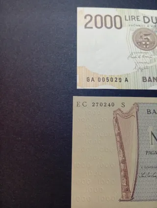2 Banconote Lire 1000 + 2000 FDS 100x100.
