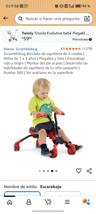 Scramblebug Bicicleta Equilibrio 4 Ruedas. 1-3años