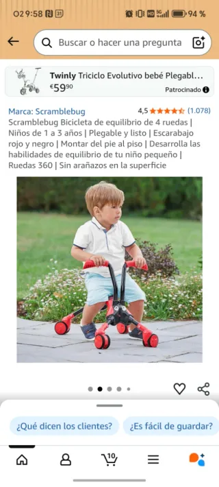Scramblebug Bicicleta Equilibrio 4 Ruedas. 1-3años