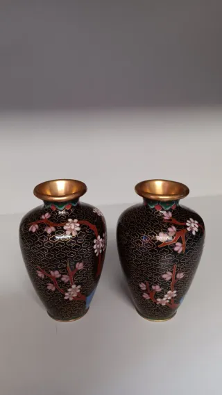 Coppia Vasetti Cloisonné Fiori Ciliegio