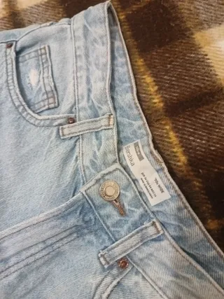 Pantalón Bershka Tiro Alto Denim Azul Roto