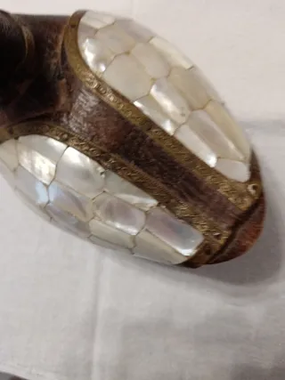 Antica papera portafortuna legno madreperla ottone