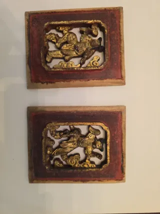 2 Quadri in Legno Intagliato Oro e Rosso