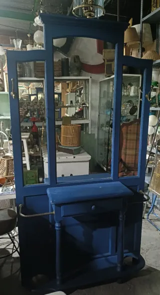 Mueble recibidor entrada azul madera y cristal