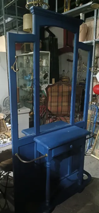 Mueble recibidor entrada azul madera y cristal