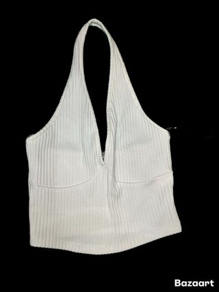 Top bianco a coste allacciato al collo