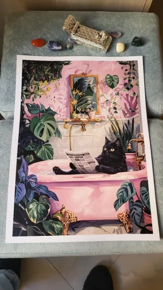 Poster A3 Gatto Nero Bagno Piante