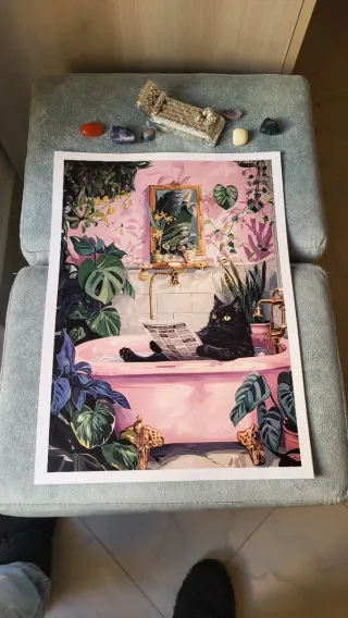 Poster A3 Gatto Nero Bagno Piante