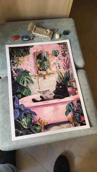 Poster A3 Gatto Nero Bagno Piante