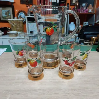 Brocca e 6 Bicchieri Vetro Frutta Anni '50