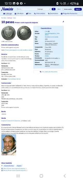 Moneda de plata cuba PRIMER VUELO ESPACIAL C...