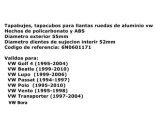 Vw Golf Mk4 Tapabujes 55mm Centro de Llantas Rueda