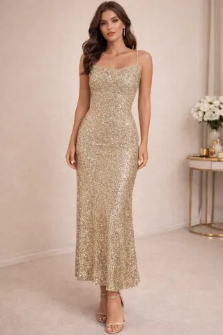 Vestido largo lentejuelas y brillo dorado