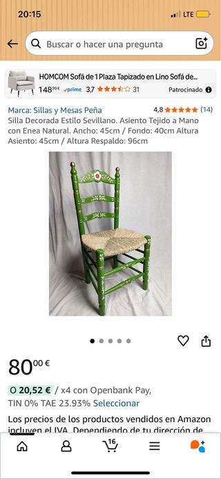Silla flamenca verde con flores, sin estrenar