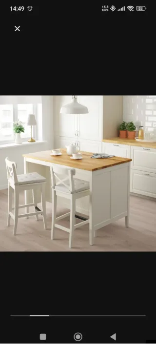 Isla de cocina madera + taburetes madera